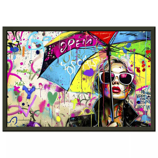 Metal framed print of Woman wearing sunglasses and a black leather jacket, holding a multi-colored umbrella. Chic Umbrella-Graphique Addictions.