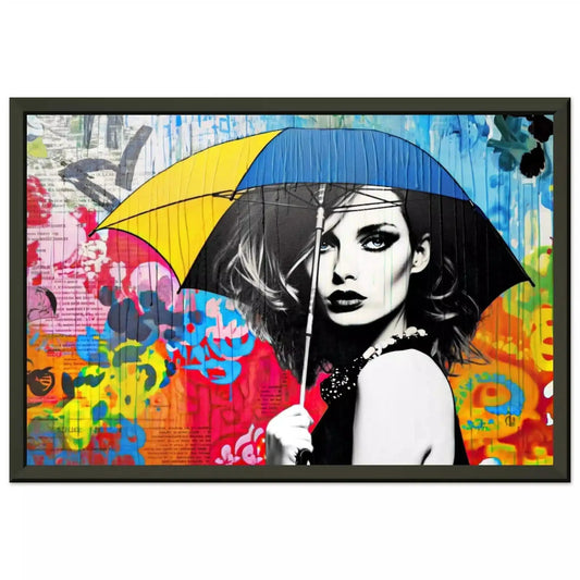Black metal framed print of a woman holding an umbrella, surrounded by vibrant graffiti and graph paper patterns in black, blue, yellow, white, and red. Color Me Rainy-Graphique Addictions.