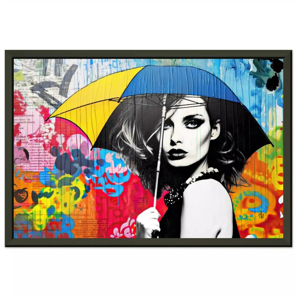Black metal framed print of a woman holding an umbrella, surrounded by vibrant graffiti and graph paper patterns in black, blue, yellow, white, and red. Color Me Rainy-Graphique Addictions.