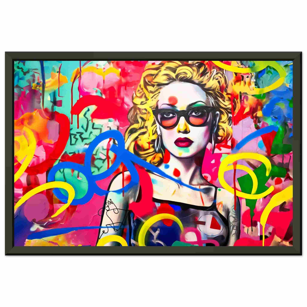 Black metal framed art print of a blonde haired woman with tattoos wearing sunglasses, set against a vibrant graffiti backdrop. Title: Graffiti Tattooed Temptation-Graphique Addictions.