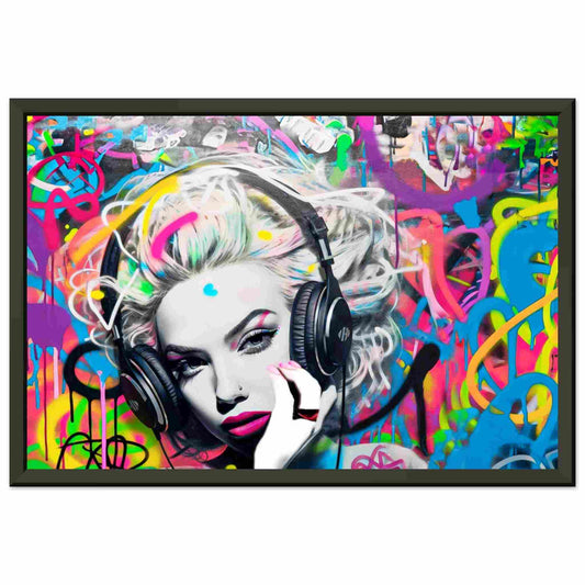 Black metal framed print of Madonna wearing headphones against a backdrop of neon-colored graffiti swirls. Madonna's Street Beats-Graphique Addictions.