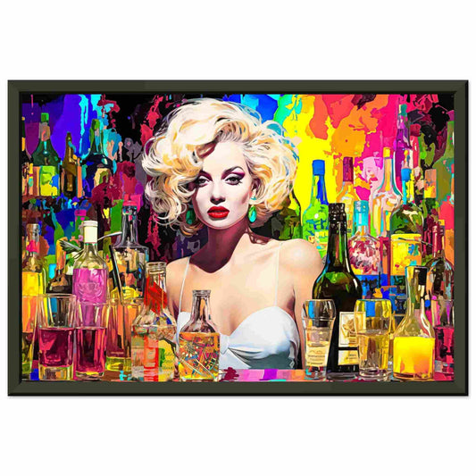 Black metal framed print of Marilyn Monroe behind the bar in a white dress, surrounded by colorful alcohol bottles and glasses. Marilyn's Intoxication of Imagination-Graphique Addictions.