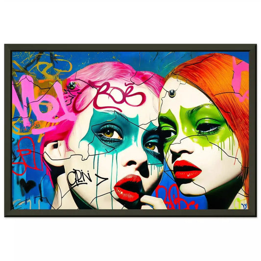 Black metal frame of 2 teenage girls with pink and orange-red hair, green eyes, and bold red lips against a backdrop of colorful street art. Phantoms puzzle of decay-Graphique Addictions