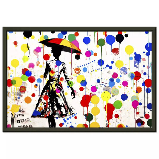 Elegant woman with umbrella amid colorful paint splashes, dots, and balloons on a white background. Black Metal Framed Print-Polka Splash Soiree-Graphique Addictions