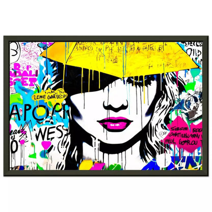 Black metal framed Print close-up of womans face with pink lips,  a yellow umbrella is above her, white background with colorful dripping paint. Radiant Umbrella Comic Burst-Graphique Addictions.