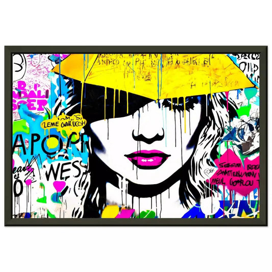 Black metal framed Print close-up of womans face with pink lips,  a yellow umbrella is above her, white background with colorful dripping paint. Radiant Umbrella Comic Burst-Graphique Addictions.