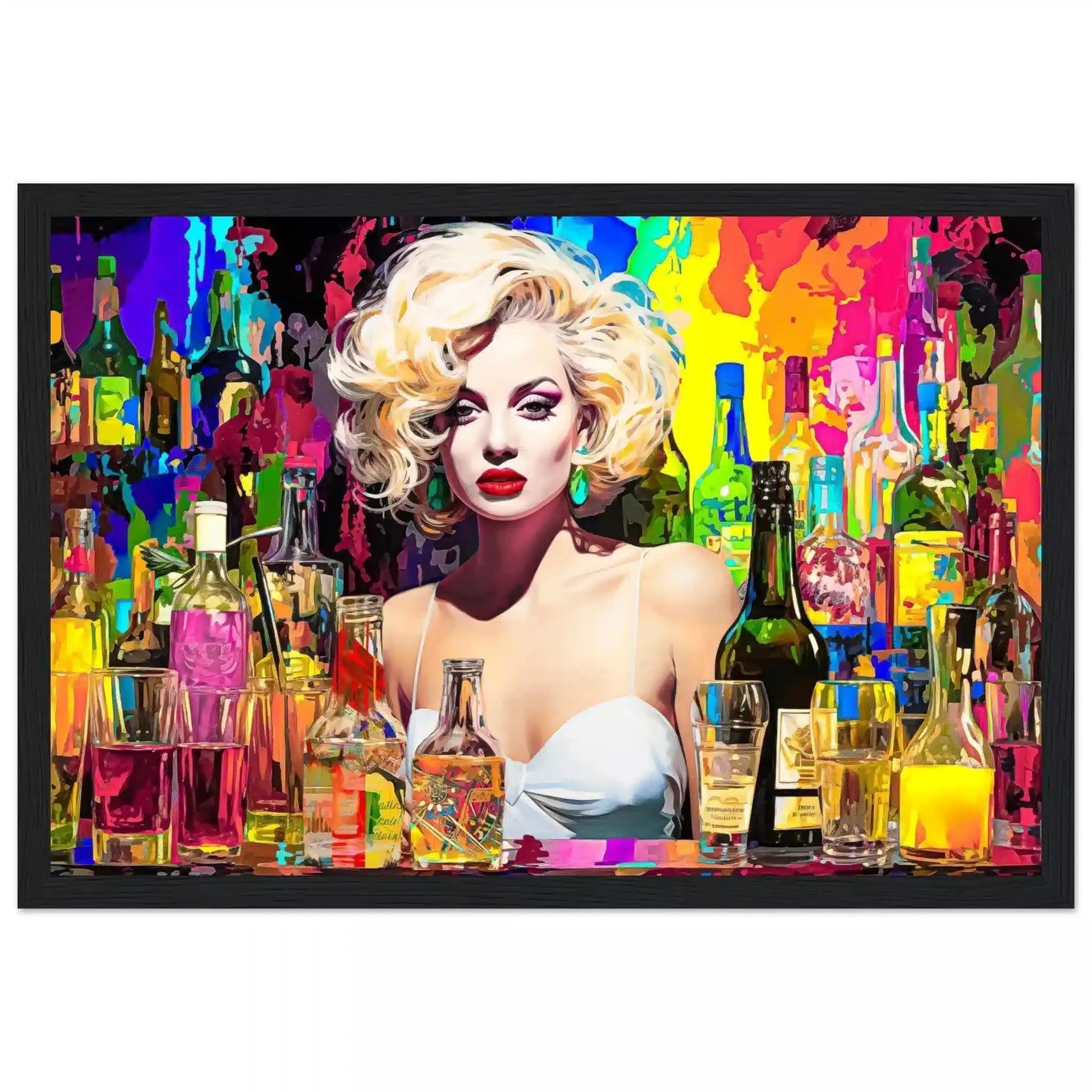 Black wooden framed print of Marilyn Monroe behind the bar in a white dress, surrounded by colorful alcohol bottles and glasses. Marilyn's Intoxication of Imagination-Graphique Addictions.