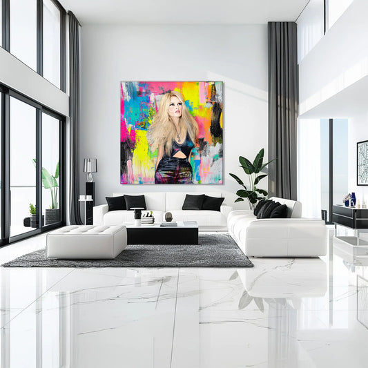 living room wall decor of brigitte bardot wearing black jeans and top against a vibrant abstract painting of colorful brushsrokes-graphique addictions-brushstroke-bardot, Graphique Addictions