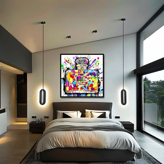 Chroma Scent Splatter: Bedroom mockup of Chanel No. 5 perfume, vibrant polka dots inside and paint splatters-Graphique Addictions.