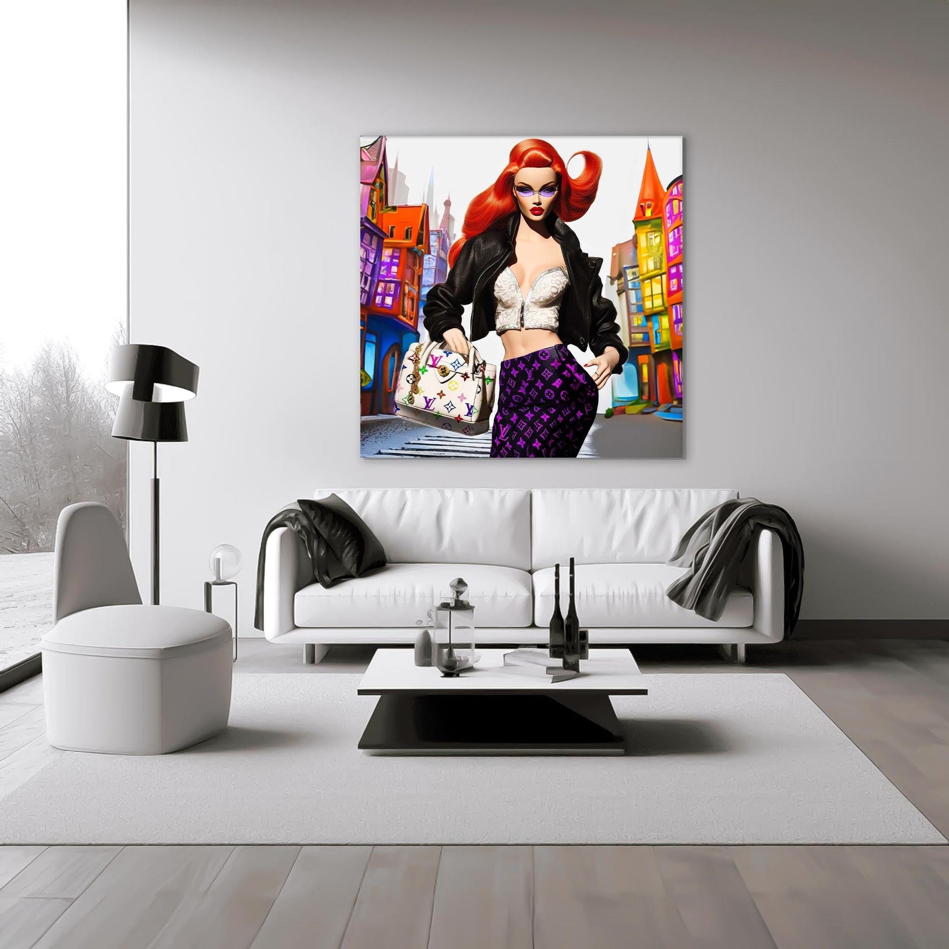 Living room wall decor of red-haired fashion doll in white halter top, black leather skirt, holding Louis Vuitton bag with colorful building backdrop. City Doll Pop-Graphique Addictions.