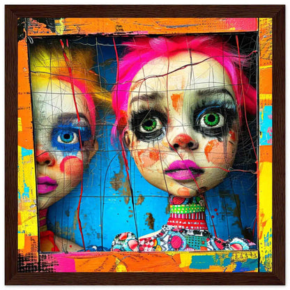 Brown wooden frame of two porcelain dolls looking out of a colorful wooden window. Abstract Dollhouse-Graphique Addictions.