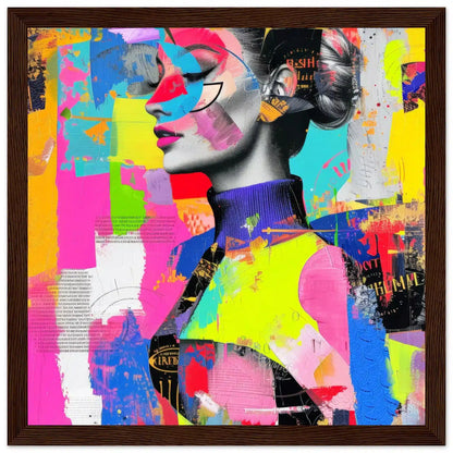 Abstract Radiance: Art collage of neon colored geometric shapes and a woman wearing a colorful abstract turtleneck in a brown wooden frame-Graphique Addictions.
