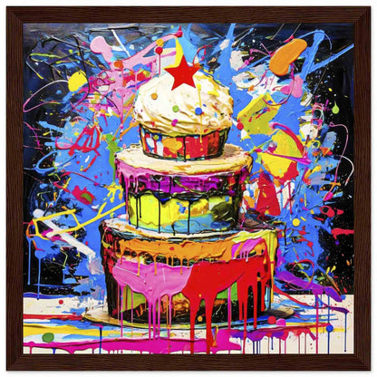 Chromatic Cake Confection: Multi-tiered birthday cake with colorful frosting dripping down its sides, neon paint splashes in a brown wooden frame. Graphique Addictions.