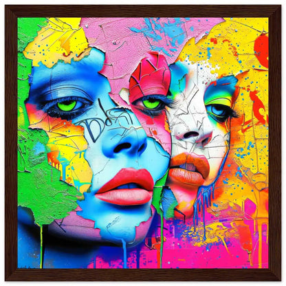 Brown wooden framed art print of 2 women's multi-colored porcelain faces that blend into a colorful painted background. Titled: Dual Pop Persona-Graphique Addictions. 