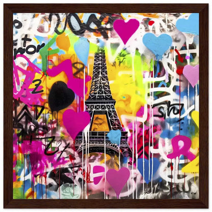 Brown wooden framed graffiti art print of the Eiffel Tower with colorful splashes, drips, and bold hearts in bright pink, blue, yellow, orange, and black-and-white. Title: Graffiti Paris-Graphique Addictions.