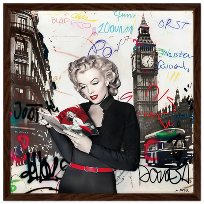 Black and white art of Marilyn Monroe in London with vibrant red lips, Big Ben behind her, and colorful graffiti.-dark-brown-12x12-inches-wooden-framed-print-marilyn-in-london, Graphique Addictions
