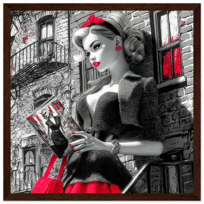 Black and white art of a fashion doll wearing a red skirt and black blazer, on a NYC street corner holding a magazine-dark-brown-12x12-inches-wooden-framed-print-nyc-noir-doll, Graphique Addictions