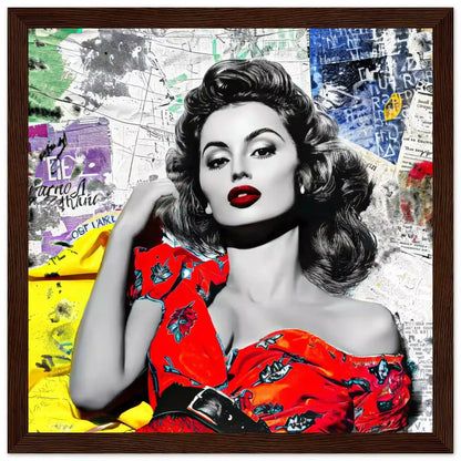 Sophia Lauren in red dress surrounded by colorful newspaper clippings and maps. Brown Wooden Framed Print-Vintage Starlet - Framed Print-Graphique Addictions
