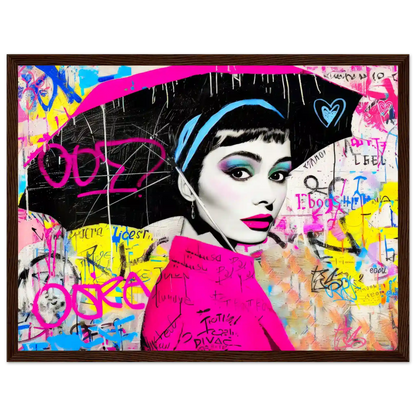 Brown wooden framed print of colorful graffiti pop art portrait of Audrey Hepburn holding an umbrella. Graffiti Drizzle, Graphique Addictions.