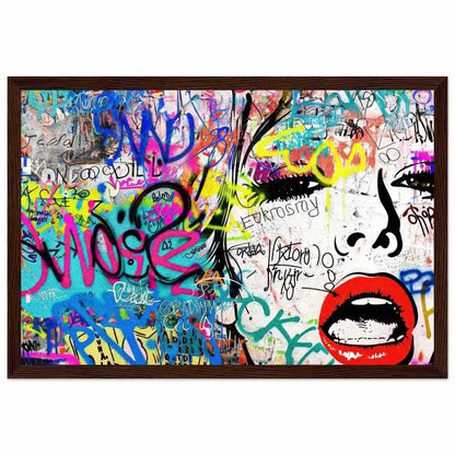 Chic Femme Graffiti Gaze: Pop art portrait of a woman against colorful graffiti, bold brush strokes, and ink splashes in a brown wooden frame-Graphique Addictions.