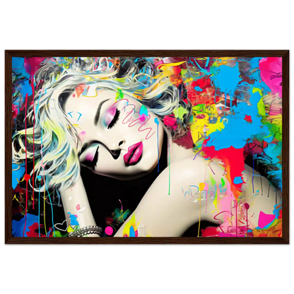 Blonde woman with colorful makeup, tattoos, and graffiti against a backdrop of colorful splashes. Brown wooden framed artwork titled: Colorful Captivation-Graphique Addictions. 