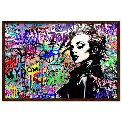 Brown wooden framed print of Madonna wearing a black leather jacket against a backdrop of colorful graffiti and lettering. Chromatic Chaos-Graphique Addictions.