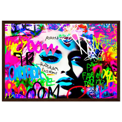 Brown wooden framed print of Madonna's face covered in colorful graffiti. Madonna's Graffiti Groove-Graphique Addictions.