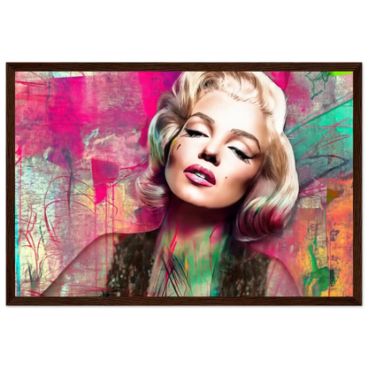 Abstract portrait of Marilyn Monroe with pink lips and lime green graffiti-style background-dark-brown-12x18-inches-wooden-framed-print-marilyns-candy-lime-collage-framed-print, Graphique Addictions
