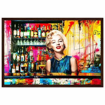 Brown wooden frame of Marilyn Monroe standing behind a bar with alcohol bottles on the shelves, vibrant abstract colors, graffiti, and paint. Monroe's Cocktail Hour-Graphique Addictions.