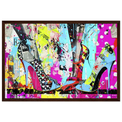Brown wooden framed print of high heels against a backdrop of colorful newspaper texture collage and paint splashes. Neon Stiletto 80's Remix-Graphique Addictions.