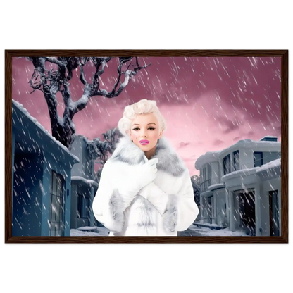 marilyn monroe wearing a white fur coat and gloves, standing under a snowy sky with a pink hue, surrounded by gray houses-dark-brown-12x18-inches-wooden-framed-print-pink-snowstorm-7, Graphique Addictions
