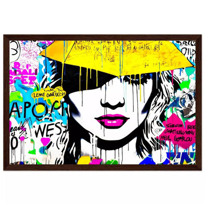 Brown wooden framed Print close-up of womans face with pink lips,  a yellow umbrella is above her, white background with colorful dripping paint. Radiant Umbrella Comic Burst-Graphique Addictions.