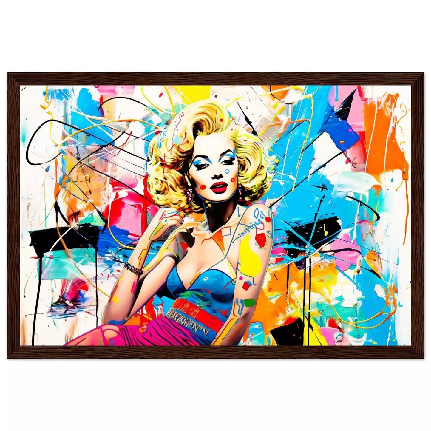 Marilyn Monroe against a backdrop of colorful abstract graffiti and paint splashes. Brown wooden framed print-Vogue Vandal-Graphique Addictions