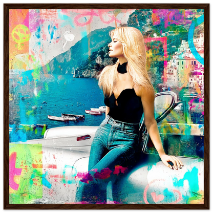 collage art painting of brigitte bardot in italy at the coast of amalfi leaning against a white corvette-dark-brown-wooden-framed-print-amalfi-coast-pop-framed-print, Graphique Addictions