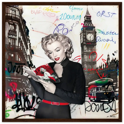 Black and white art of Marilyn Monroe in London with vibrant red lips, Big Ben behind her, and colorful graffiti.-dark-brown-16x16-inches-wooden-framed-print-marilyn-in-london-5, Graphique Addictions