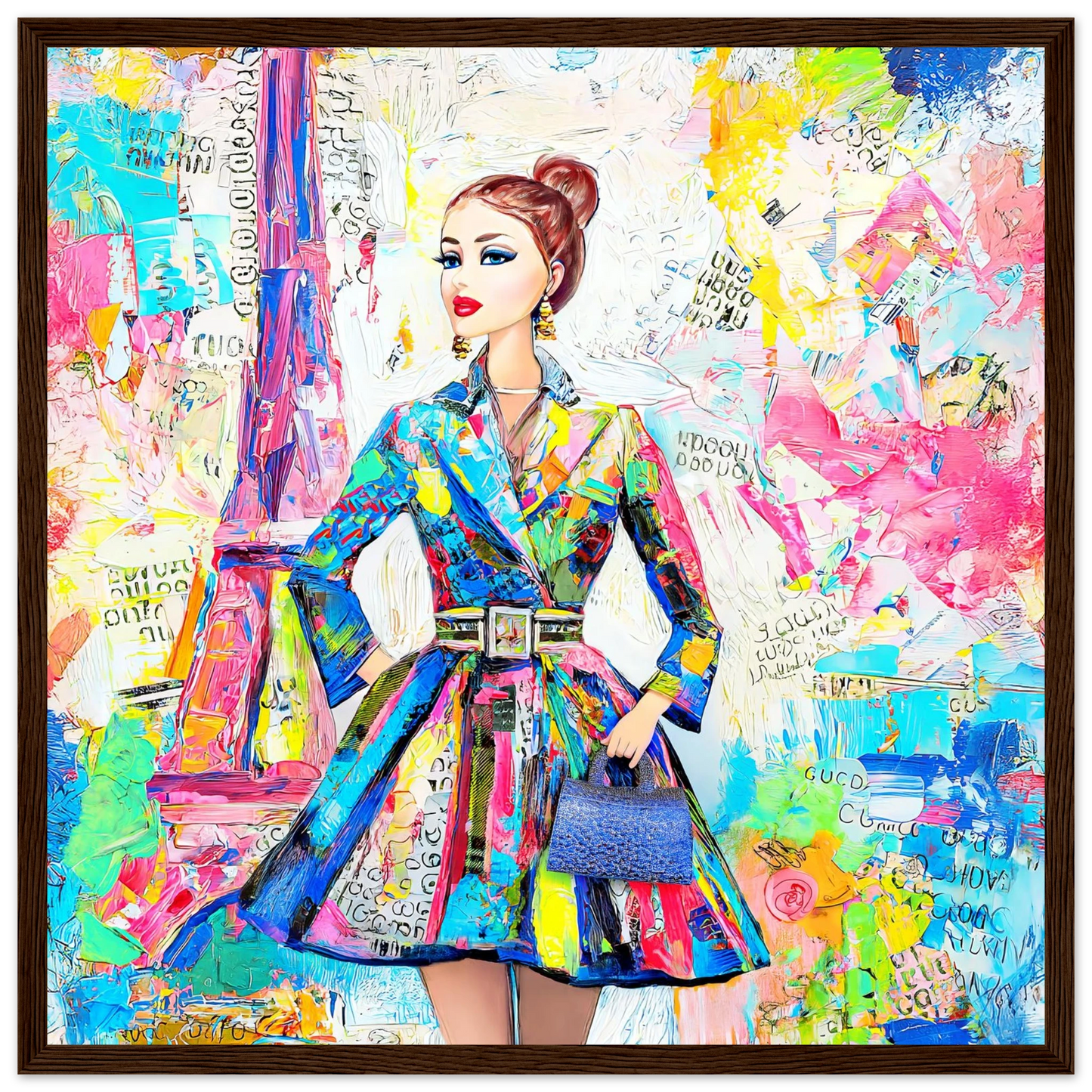 colorful art of a doll figure wearing a trench coat against a Parisian backdrop carrying a blue handbag-dark-brown-16x16-inches-wooden-framed-print-monet-paris-dior, Graphique Addictions