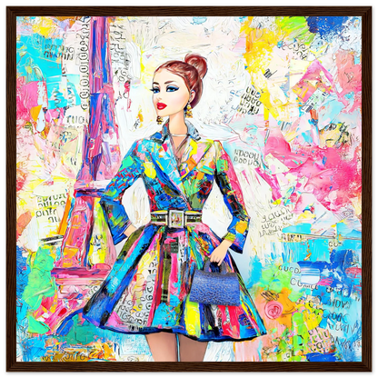 colorful art of a doll figure wearing a trench coat against a Parisian backdrop carrying a blue handbag-dark-brown-16x16-inches-wooden-framed-print-monet-paris-dior, Graphique Addictions
