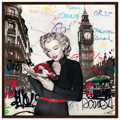 Black and white art of Marilyn Monroe in London with vibrant red lips, Big Ben behind her, and colorful graffiti.-dark-brown-20x20-inches-wooden-framed-print-marilyn-in-london-12, Graphique Addictions