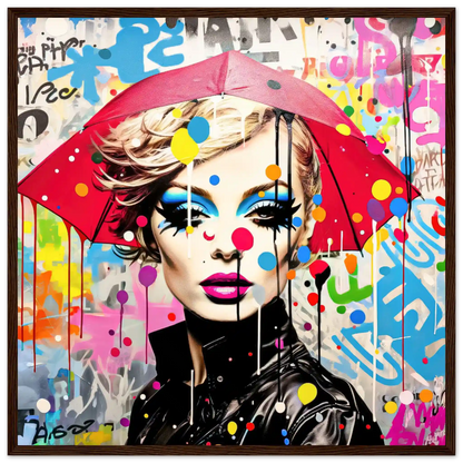Portrait of a model with bold makeup and polka dots, holding an oversized umbrella, set against colorful street graffiti with lines and paint-drip effects. Brown Wooden Framed Print-Rain Radiance-Graphique Addictions