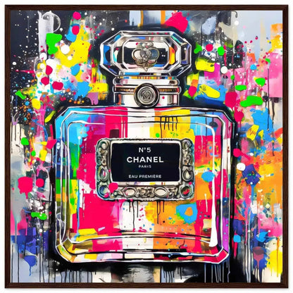 Chanel No5 perfume bottle with colorful graffiti splashes on a gray gradient background. Brown Wooden Framed Print-Urban Eau de Chanel - Graphique Addictions