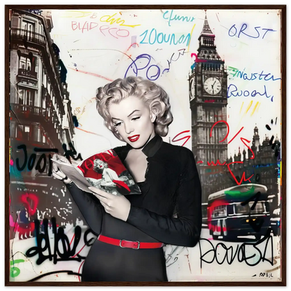 Black and white art of Marilyn Monroe in London with vibrant red lips, Big Ben behind her, and colorful graffiti.-dark-brown-28x28-inches-wooden-framed-print-marilyn-in-london-9, Graphique Addictions
