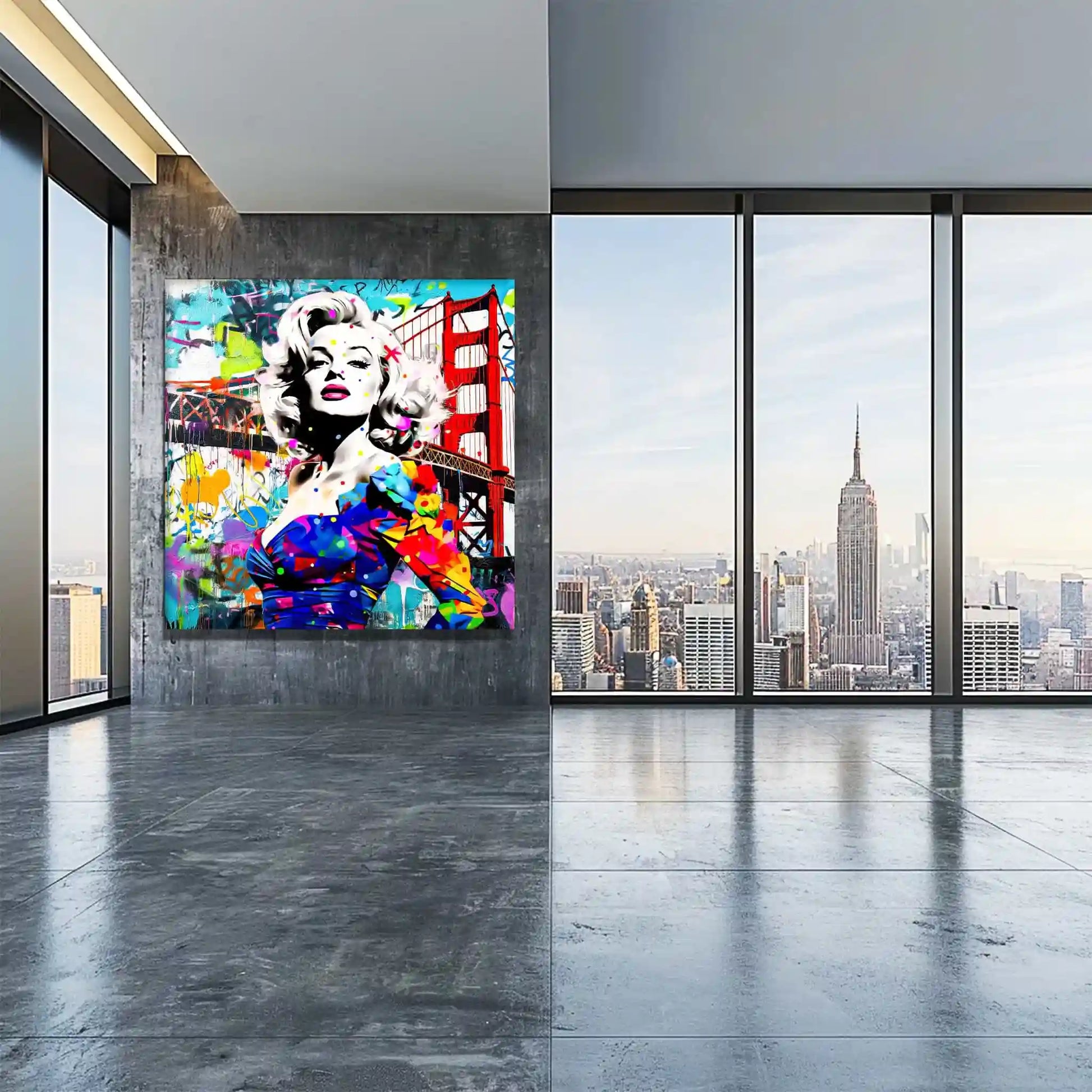 Loft office wall art featuring Marilyn Monroe in a colorful blue dress, standing in front of the Golden Gate Bridge, made of colorful graffiti and paint splashes.Titled: Golden Gate Graffiti-Graphique Addictions