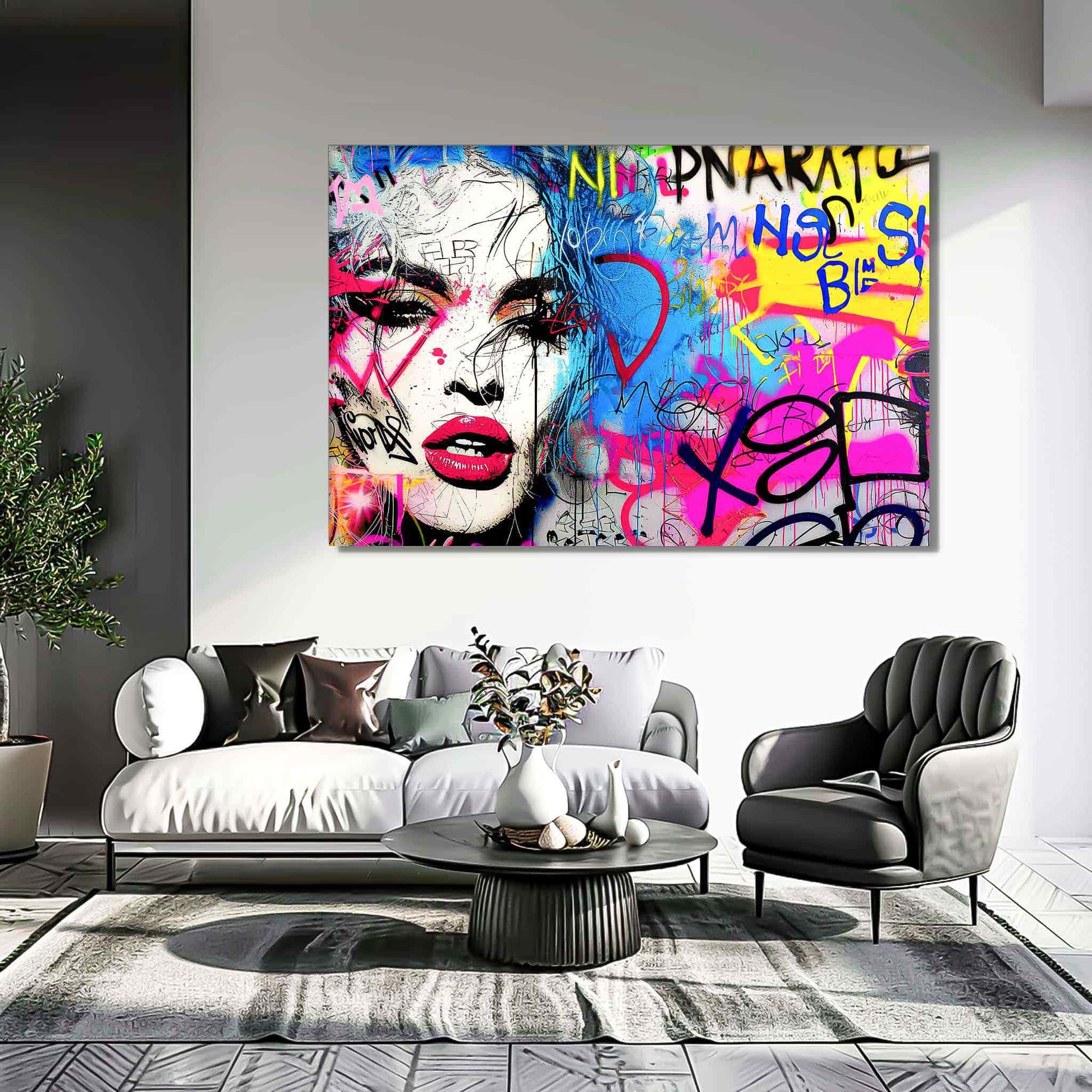 Living room wall art featuring a woman's face decorated with bold graffiti, set against a vibrant background of blue, yellow, and pink graffiti colors. Title: Graffiti Femme Fantasy-Graphique Addictions.