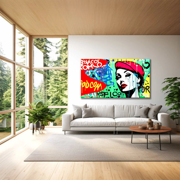 Living room wall art print of a woman with a red beret and glamorous red lips, set against a vibrant green background with colorful graffiti. Inspectra Comic Canopy-Graphique Addictions.