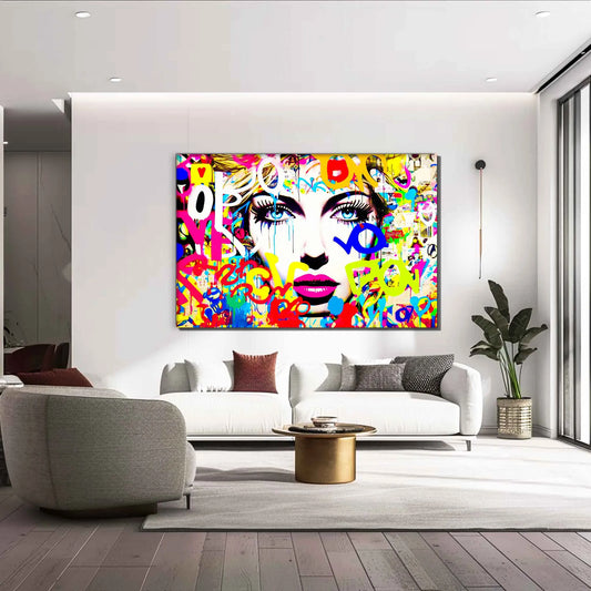 Living room wall decor close-up portrait of a woman against a white background, surrounded by vibrant graffiti and typography. Letters and Lipstick-Graphique Addictions.