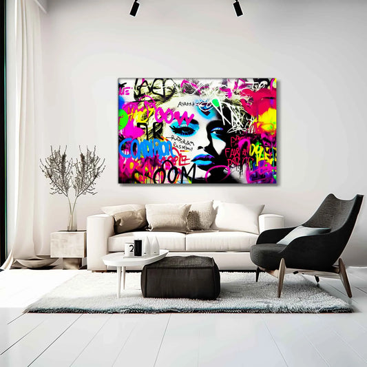 Living room wall decor of Madonna's face covered in colorful graffiti. Madonna's Graffiti Groove-Graphique Addictions.