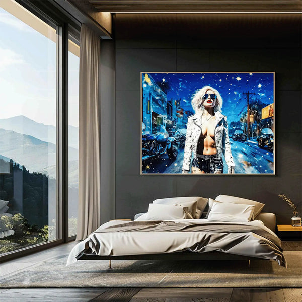 Bedroom wall decor of Madonna standing on a snow-covered road, illuminated by the moon's soft glow. Madonna's Midnight Seduction-Graphique Addictions.