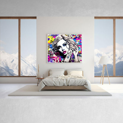Bedroom wall decor of a close-up of Madonna's face surrounded by colorful graffiti. Madonna's Street Art Sensation-Graphique Addictions.