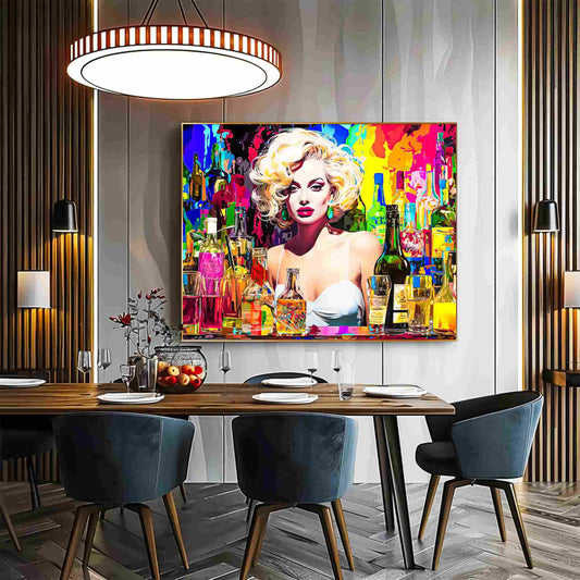 Dining room wall decor of Marilyn Monroe behind the bar in a white dress, surrounded by colorful alcohol bottles and glasses. Marilyn's Intoxication of Imagination-Graphique Addictions.