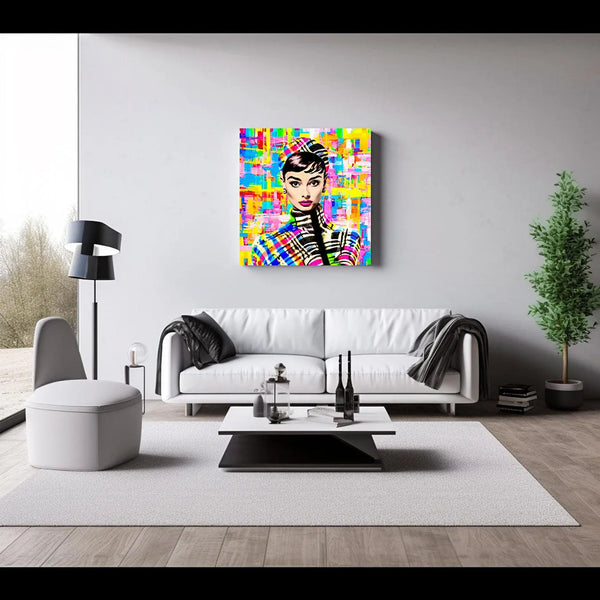 Modern Living Room Mockup Featuring Audrey Hepburn Pop Art Print on Multicolored Plaid Background.